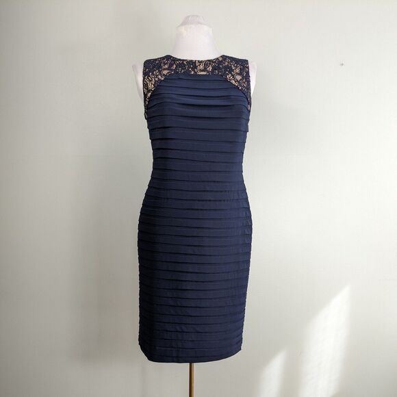 Adrianna Papell Midi Dress Knee Sleeveless Lace Wedding Guest Navy Blue Sheath 8 - Picture 1 of 9